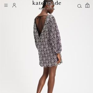 Kate Spade Black White Eyelet Dress Balloon Sleeve V Neck Tie Scalloped Sz XS